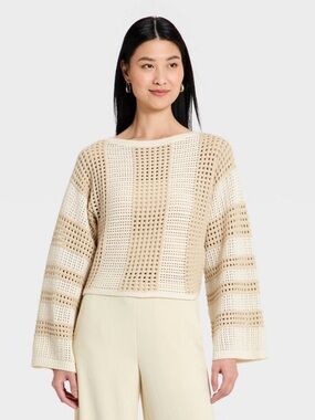 A New Day™ Women's Open Work Oversized Pullover Sweater - Cream Striped - M